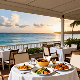 Caribbean Holidays, Virgin Islands Spa, A stylish Caribbean restaurant terrace at sunset, serving fresh seafood and colourful island dishes beside the sea