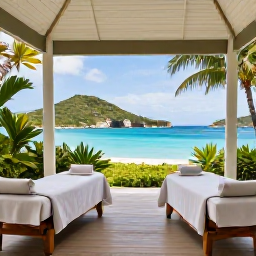 Caribbean Holidays, Virgin Islands Spa, A tranquil luxury spa overlooking a turquoise Caribbean bay on Saint Thomas, with treatment rooms, tropical gardens and relaxed guests