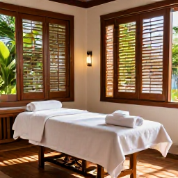 Caribbean Holidays, Virgin Islands Spa, An elegant Caribbean spa treatment room with natural wood, white towels, tropical foliage and sunlight filtering through shutters