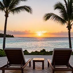 Caribbean Holidays, Virgin Islands Spa Breaks, A peaceful Caribbean sunset viewed from a resort terrace, with two loungers, palm silhouettes and calm turquoise water