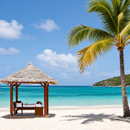 Caribbean Holidays, Virgin Islands Spa Breaks, A tranquil beachfront spa in the U.S. Virgin Islands, with a treatment pavilion, palm trees, turquoise water and soft white sand