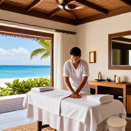 Caribbean Holidays, Virgin Islands Spa Breaks, An elegant spa treatment room overlooking the Caribbean, with natural wood, white linens, candles and a therapist preparing a massage