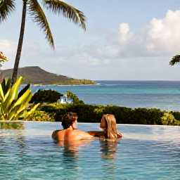 Caribbean Holidays, Virgin Islands Spa, Couple enjoying a calm spa holiday beside a Caribbean infinity pool in March, United States Virgin Islands, tropical garden and ocean views