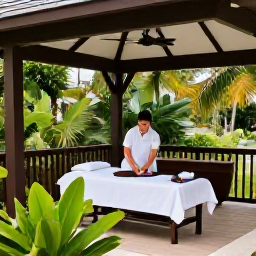 Caribbean Holidays, Virgin Islands Spa, Open-air Caribbean spa pavilion surrounded by tropical greenery on Saint John, United States Virgin Islands, therapist preparing a wellness treatment