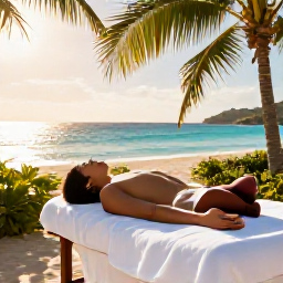 Caribbean Holidays, Virgin Islands Spa, Relaxing beachfront spa treatment at a luxury resort in Saint Thomas, United States Virgin Islands, warm March sunshine, palm trees and turquoise sea