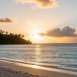 Caribbean Holidays, Virgin Islands Spa, Sunset over a peaceful Caribbean beach near a spa resort in the United States Virgin Islands, soft golden light and calm turquoise water