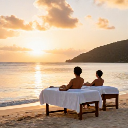 Caribbean Holidays, Virgin Islands Spas, Couple relaxing on a quiet Caribbean beach at sunset after a spa treatment in the United States Virgin Islands