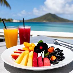 Caribbean Holidays, Virgin Islands Spas, Healthy Caribbean lunch with fresh tropical fruit and seafood served at a waterfront restaurant in the US Virgin Islands