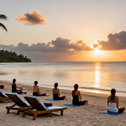 Caribbean Holidays, Virgin Islands Spas, Sun loungers beside a calm Caribbean beach with a yoga class at sunrise on St John