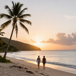 Caribbean Holidays, Virgin Islands Walking, A couple walking along a quiet Caribbean beach at sunset on Saint John, United States Virgin Islands, with palms and calm sea