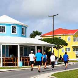 Caribbean Holidays, Virgin Islands Walking, A friendly outdoor caf&eacute; in Cruz Bay on Saint John, with walkers relaxing after a hike and colourful Caribbean buildings nearby