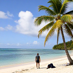 Caribbean Holidays, Virgin Islands Walking, A relaxed walker resting beside a quiet Caribbean beach after a tropical island hike, with palms and calm turquoise water