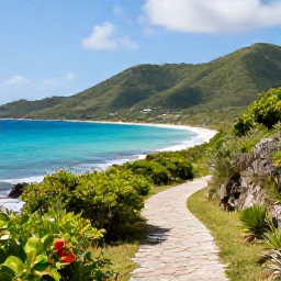 Caribbean Holidays, Virgin Islands Walking, A scenic coastal walking trail on Saint John in the United States Virgin Islands, with turquoise sea, green hills and warm May sunshine
