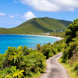 Caribbean Holidays, Virgin Islands Walking, A scenic coastal walking trail through tropical vegetation with turquoise Caribbean water and green hills in the US Virgin Islands