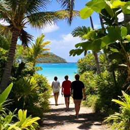 Caribbean Holidays, Virgin Islands Walking, Walkers exploring a shaded tropical trail in Virgin Islands National Park overlooking a bright blue Caribbean bay