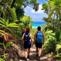 Caribbean Holidays, Virgin Islands Walking, Walkers following a forest trail through Virgin Islands National Park on Saint John, surrounded by tropical plants and glimpses of the Caribbean Sea