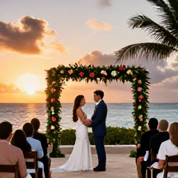 Caribbean Holidays, Virgin Islands Weddings, Bride and groom enjoying a sunset reception by the Caribbean Sea with tropical flowers and warm evening light