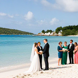 Caribbean Holidays, Virgin Islands Weddings, Bride and groom exchanging vows on a white sandy beach in St Thomas, U.S. Virgin Islands, with turquoise sea and a small group of guests