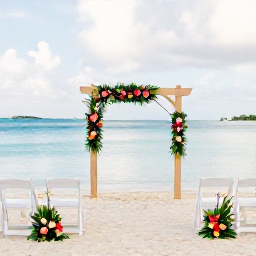 Caribbean Holidays, Virgin Islands Weddings, Elegant beach wedding ceremony in St Thomas with white chairs, simple tropical flowers and calm Caribbean water