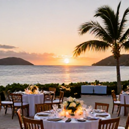 Caribbean Holidays, Virgin Islands Weddings, Elegant beach wedding reception at sunset on St John, U.S. Virgin Islands, with tables, candles and tropical surroundings