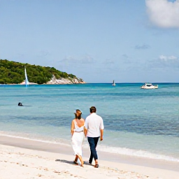 Caribbean Holidays, Virgin Islands Weddings, Newly married couple walking along a quiet Caribbean beach in the U.S. Virgin Islands with snorkelling and sailing activities nearby