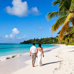 Caribbean Holidays, Virgin Islands Weddings, Newly married couple walking along a sunny white-sand beach in the United States Virgin Islands, gentle turquoise sea and tropical palms