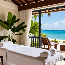Caribbean Holidays, Virgin Islands Wellness, Elegant Caribbean spa treatment room with natural light, tropical plants, soft towels and a view of the sea