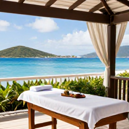 Caribbean Holidays, Virgin Islands Wellness, Outdoor Caribbean spa treatment on a shaded terrace overlooking the sea in the U.S. Virgin Islands
