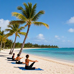 Caribbean Holidays, Virgin Islands Wellness, Outdoor yoga class on a quiet Caribbean beach in St Thomas, with palm trees, mats and calm blue water