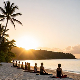 Caribbean Holidays, Virgin Islands Wellness, Outdoor yoga session on a quiet Caribbean beach in the U.S. Virgin Islands at sunrise, natural tropical surroundings and soft golden light