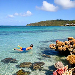 Caribbean Holidays, Virgin Islands Wellness, Snorkeller exploring clear shallow water beside a colourful coral reef near St John, U.S. Virgin Islands