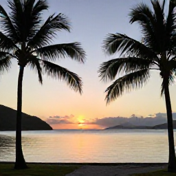 Caribbean Holidays, Virgin Islands Wellness, Sunset over a calm Caribbean bay in the U.S. Virgin Islands, silhouettes of palm trees and peaceful evening colours