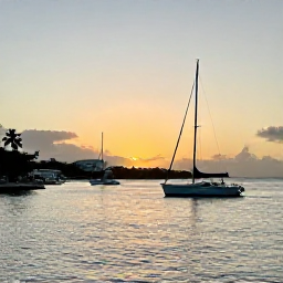 Caribbean Holidays, Virgin Islands Wellness, Sunset over Charlotte Amalie harbour in St Thomas, with sailboats, warm sky and relaxed waterfront atmosphere