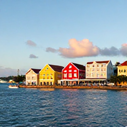 Caribbean Holidays, Virgin Islands Wine, Colourful Charlotte Amalie waterfront at golden hour with historic buildings and Caribbean sea