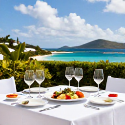 Caribbean Holidays, Virgin Islands Wine, Elegant outdoor wine tasting table with Caribbean dishes and island scenery on Saint Thomas
