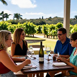 Caribbean Holidays, Virgin Islands Wine, Visitors enjoying a relaxed vineyard-style wine tasting at a Caribbean resort terrace in December