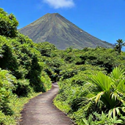 Caribbean Holidays, Volcano Hiking, A dramatic Caribbean volcanic landscape with a marked hiking trail winding through lush green rainforest beneath a clear blue sky