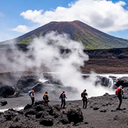 Caribbean Holidays, Volcano Hiking, Hikers crossing dark volcanic rock near a steaming Caribbean crater with tropical mountains in the distance