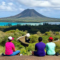 Caribbean Holidays, Volcano Hiking, Well-equipped Caribbean holiday travellers resting beside a scenic volcanic viewpoint overlooking rainforest and turquoise sea