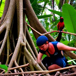 Caribbean Holidays, Volcano Trails, Caribbean rainforest trail with hikers crossing tree roots, tropical birds and broad leaves, realistic outdoor travel photograph