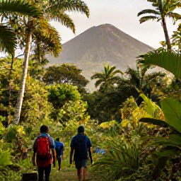Caribbean Holidays, Volcano Trails, Hikers walking through lush tropical rainforest towards a volcanic peak in the Caribbean, warm natural light, realistic travel photography