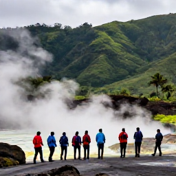 Caribbean Holidays, Volcano Trails, Steaming volcanic landscape with a guided group hiking beside a sulphur spring on a Caribbean island, lush green hills in the background