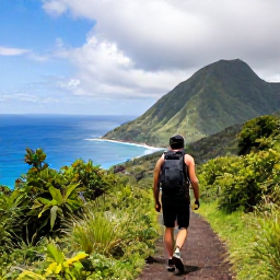 Caribbean Holidays, Walking Holidays, A hiker climbing a lush mountain path on Saba with dramatic sea views and cloud forest vegetation