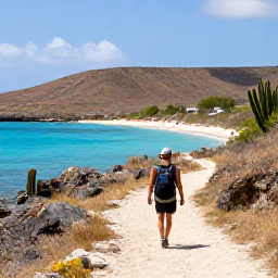 Caribbean Holidays, Walking Holidays, A hiker following a quiet coastal trail beside turquoise Caribbean water on Bonaire, with dry hills and cacti in the background