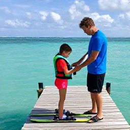 Caribbean Holidays, Water Skiing Caribbean, Friendly Caribbean water-sports instructor helping a beginner prepare on a wooden jetty with skis and life jacket