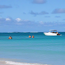 Caribbean Holidays, Water Skiing Caribbean, Relaxed Caribbean beach scene with water skis, a speedboat and holidaymakers enjoying a calm turquoise bay