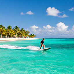Caribbean Holidays, Water Skiing Caribbean, Water skier carving across clear turquoise Caribbean sea beside a palm-fringed beach on a sunny day