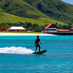 Caribbean Holidays, Water Skiing Caribbean, Water skier speeding past a colourful Caribbean coastline with green hills, white sand and sparkling blue water