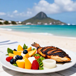 Caribbean Holidays, Wellness Retreats, Healthy Caribbean lunch with fresh fruit, colourful salad and grilled fish overlooking the sea on Saint Martin