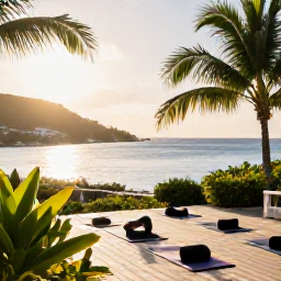 Caribbean Holidays, Wellness Retreats, Outdoor yoga session overlooking a calm Caribbean bay on Saint Martin, tropical greenery, open-air deck and morning sunshine